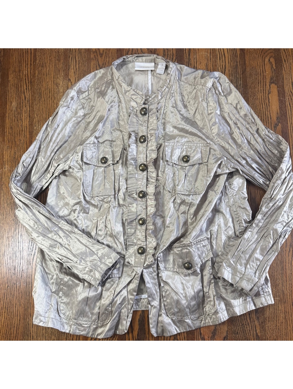 Chico's Rory Metallic Crinkle Ruffle Utility Jacket Silver Gold Champagne Sz 3
